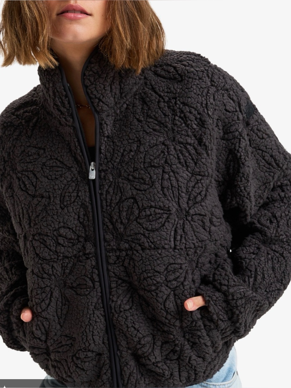 Roxy Blurry Cloud Full Zip Polar Fleece Floral Sherpa Mock Neck Black Medium NEW